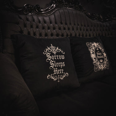 Sorrow Sleeps Here Velvet Cushion by The Blackened Teeth Gothic Home Decor Textiles Collection