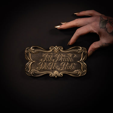 till death do us part casket plaque gold the blackened teeth